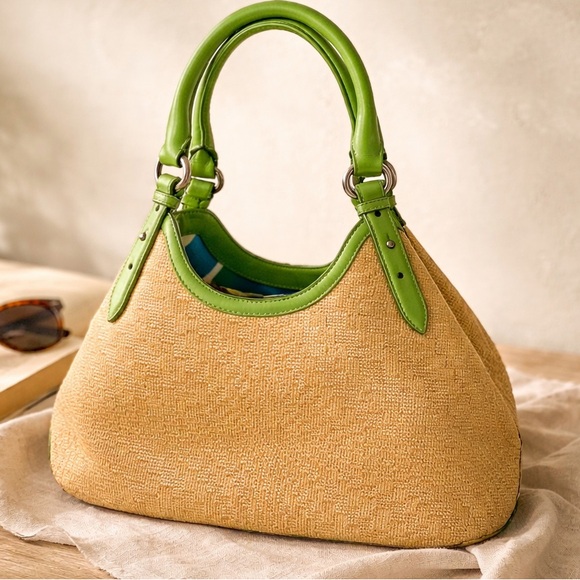 Cole Haan Handbags - Cole Haan Straw Hobo Tote Kiwi Green Leather Summer Coastal Beach Bag